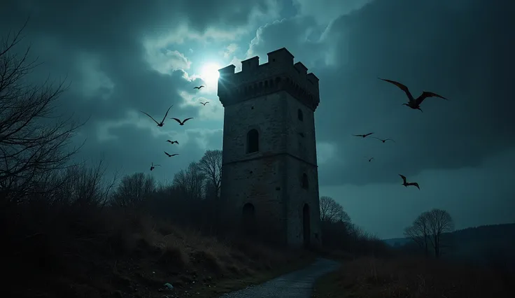  photographed with a telescopic lens a piece of the castles main tower ( old watchtowers ) ,  over a very dark sky with rays and flashes,  Its very dark ,  but you can see details of the tower ,  old, Corroded ,  rusty irons ,  plaster jumping completely i...