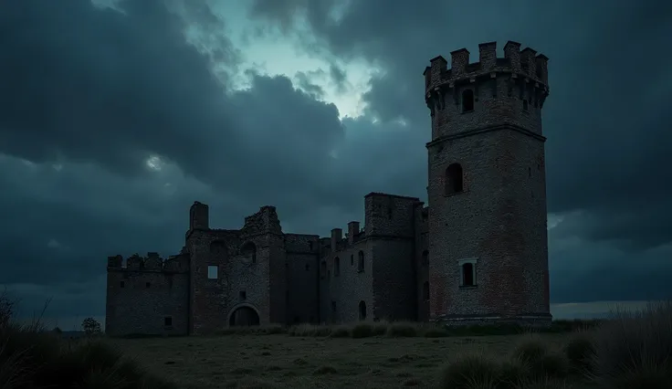  photographed with a telescopic lens a piece of the castles main tower ( old watchtowers ) ,  over a very dark sky with rays and flashes,  Its very dark ,  but you can see details of the tower ,  old, Corroded ,  rusty irons ,  plaster jumping completely i...