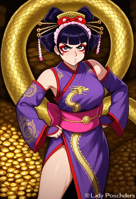 A lady ninja warrior (cute, geisha make up, elaborate geisha dress intricate gold dragon embroidery, amazing eyes, sultry pose, pouting lips, carrying 2 poisoned daggers), in a treasure room
