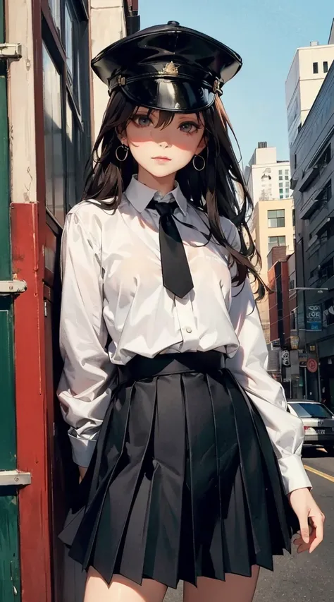 a female with an anime style drawing looks down at street level from a high rise, 1girl, solo, skirt, hat, socks, mini hat, looking at viewer, jewelry, black footwear, long sleeves, black skirt, white socks, pleated skirt, standing, earrings, black headwea...