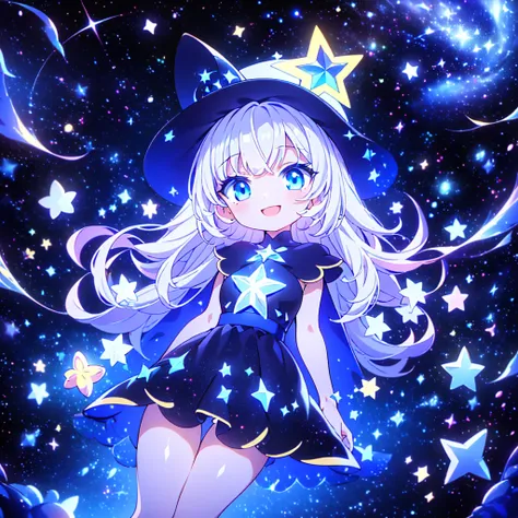 Chibi、cute、1girl, pretty face、Baby Face、starの妖精、 milky white long straight hair、((( dynamic best composition with a smile and staring at the top、 top quality、 Highest Masterpiece、 super detailed、 high definition、 perfect anatomy )))、 black light 、 black li...