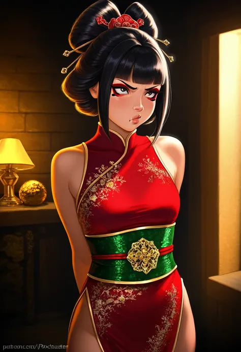 A lady ninja warrior, cute geisha makeup, elaborate geisha dress with intricate Christmas embroidery, amazing detailed eyes, sultry pouting lips, carrying 2 poisoned daggers, treasure room interior, luxurious gold accents, dramatic lighting, photorealistic...