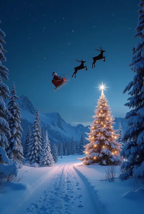 Fantasy snowy winter paradise , An iconic Christmas tree far away, silhouettes of Santa flying in the night sky and a reindeer pulling a sleigh,Dark sky and stars , extreme wide shot 