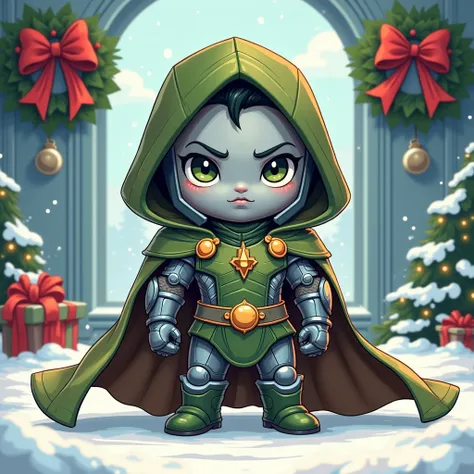 Create an image of a dr doom full body, with an helmet and a hood, powerful, chibi Kawai cartoon style that Standing super cute, Christmas coon and Winter Christmas things around it, marvel Character Dr Doom, Face of tony Stark, 2D Art, Illustration, Clipa...