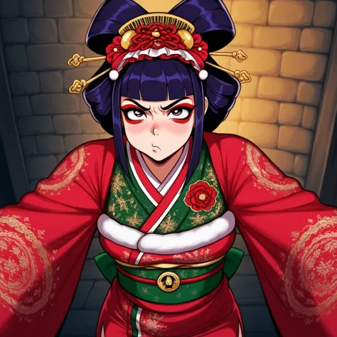 A lady ninja warrior (cute, geisha make up, elaborate geisha dress intricate Christmas embroidery, amazing eyes, sultry pose, pouting lips, carrying 2 poisoned daggers), in a treasure room
