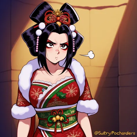 A lady ninja warrior (cute, geisha make up, elaborate geisha dress intricate Christmas embroidery, amazing eyes, sultry pose, pouting lips, carrying 2 poisoned daggers), in a treasure room
