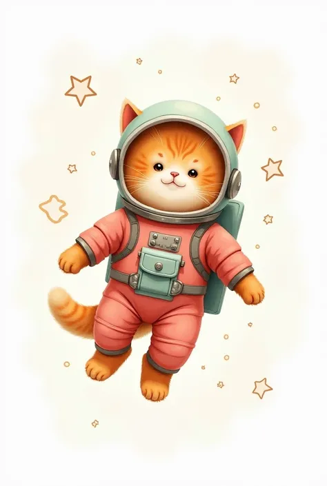 watercolor An orange Scottish Fold cat wearing a full spacesuit poses floating in space., orange mint and pink, Contour clear outline on a white background no mockup