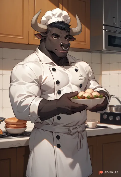 solo, male minotaur, black minotaur, black hair, black body, black face, chefs outfit, white chefs jacket, nose ring, in a kitchen, fine dining kitchen, holding a place of dumplings