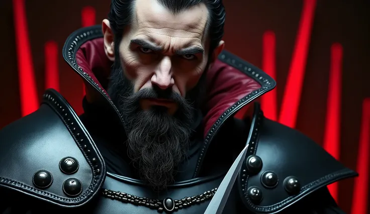  Dracula is wearing black armor , bright, with red props ,  Dracula is bearded and with a knife close to his face,  the scene is a dramatic close up 