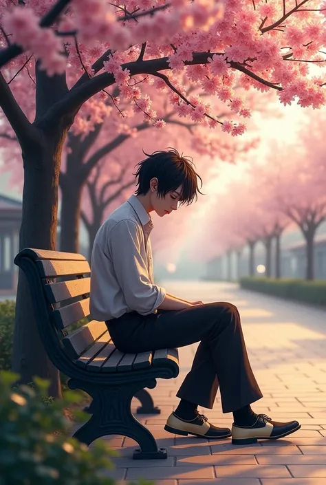 A sad man with short comma hair, black long pant with cream and black shoes sitting on bench under sakura tree with on evening