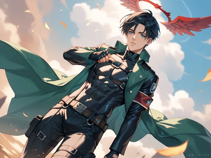 Blue Red Angel ＆ Goddess of Victory NIKKE＆ Guilty Gear Strive＆ ATTACK ON TITAN ＆FF Final Fantasy 7 ，male， Levi Ackerman ， cool， center part ，Black Hair， has poor eyesight → blue eyes ，black ninja suit ，Green Cape， cool full harness belt，
Bad face，