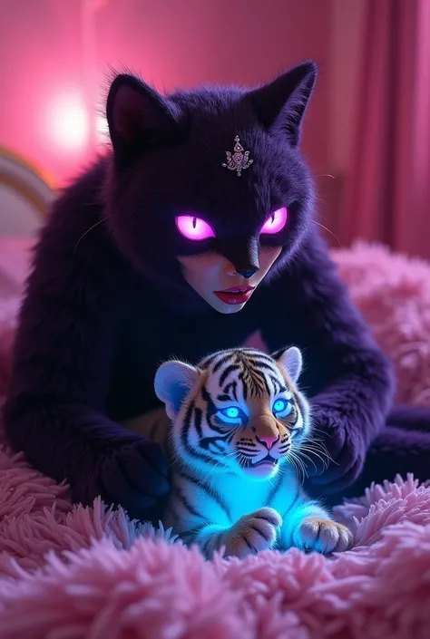 In an all pink bedroom a small scared tiger cub with glowing neon blue fur blue eyes big paws and a laying in a couch bed made of all pink fur with dark brown splotches the tiger is sitting on the lap of a big evil goth princes wearing a fully furry cat su...