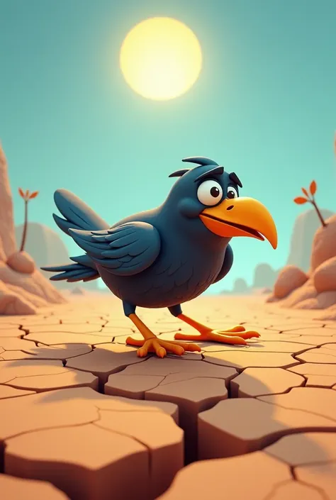 3D cartoon-style image showing the crow landing on a dry, cracked ground under the harsh sun. The environment portrays the intense heat, with the text emphasizing its struggle to find water. 