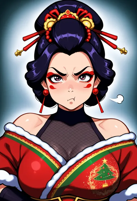 A lady ninja warrior (cute, geisha make up, elaborate geisha dress intricate Christmas embroidery, amazing eyes, sultry pose, pouting lips, carrying 2 poisoned daggers), in a treasure room
