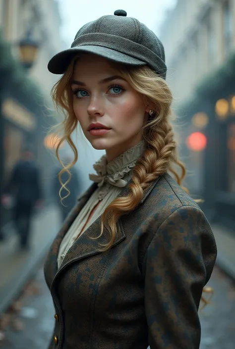 blond woman with blue eyes, wears a deerstalker cap, dressed like Sherlock Holmes, hyperrealistic , 18 years old, masterpiece, wear a oldstyle victorian dress, oldstyle, outdoor, old London City, foggy Atmosphere, 