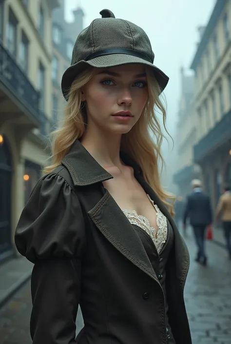 blond woman with blue eyes, wears a deerstalker cap, dressed like Sherlock Holmes, hyperrealistic , 18 years old, masterpiece, wear a oldstyle victorian dress, oldstyle, outdoor, old London City, foggy Atmosphere, 