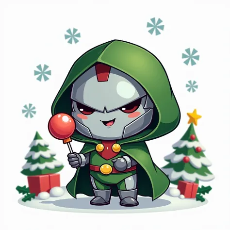 Create an image of a dr doom full body, with a helmet and a hood, powerful, Also has a Christmas Lollipop in his Hand, chibi Kawai cartoon style that Standing super cute, Christmas coon and Winter Christmas things around it, marvel Character Dr Doom, Silve...