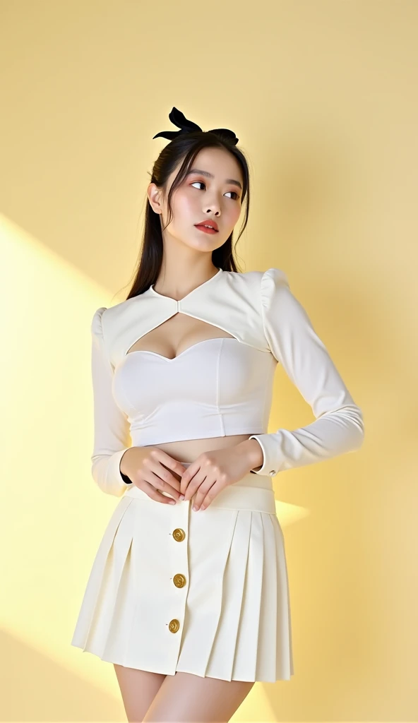 Professional 4K photos are beautifully smooth, with smooth colors that are pleasing to the eye A Cute Thai girl, 20 years old young woman,She has very large breasts positioned slightly to the left of center, is shown against a pale yellow background.  She ...