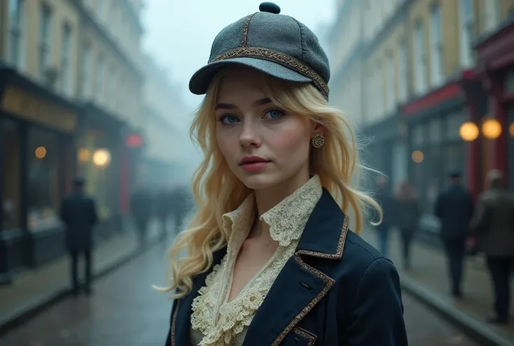 blond woman with blue eyes, wears a deerstalker cap, dressed like Sherlock Holmes, hyperrealistic , 18 years old, masterpiece, wear a oldstyle victorian dress, oldstyle, outdoor, old London City, foggy Atmosphere, 