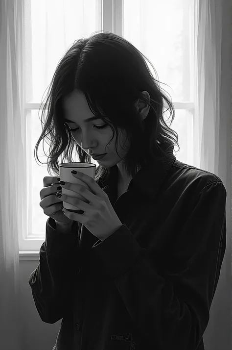  The image uses a black and white artistic style with a brushstroke effect that gives it an abstract and dynamic appearance.  The image shows a person holding a cup near a window with translucent curtains .  The hands and the cup are carefully outlined , ,...