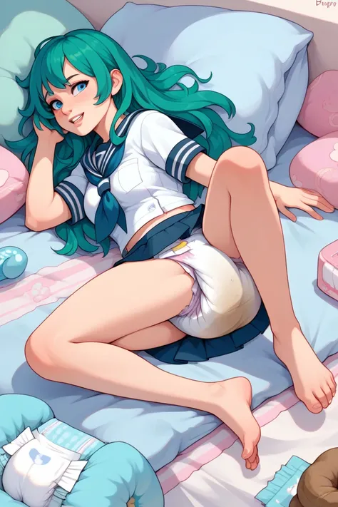 long beautiful green hair, In sailor outfit, navy blue mini skirt, full body, diaper, dirty diaper, dirty diapers, diaper poop, dirty diaper, poopy diaper, dirty diaper, messy diaper, poopy diaper, messy diaper