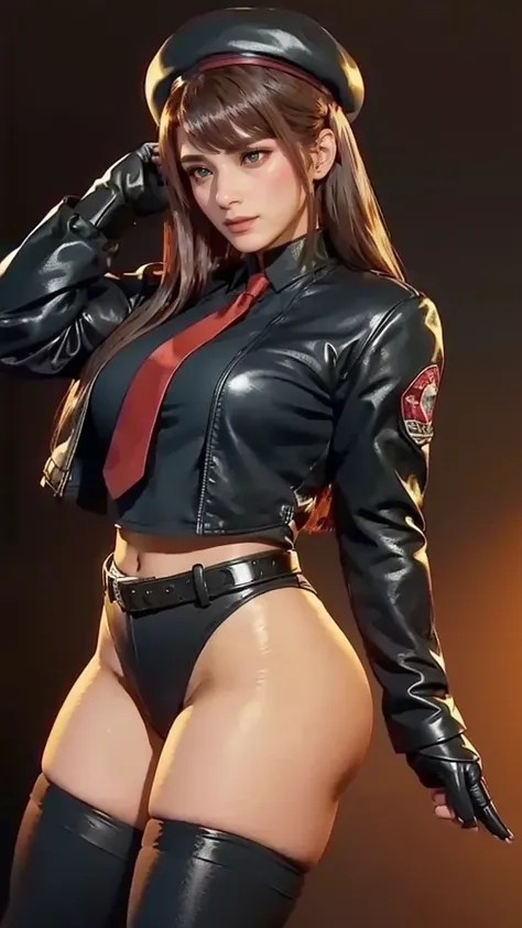 rapidef, red eyes, brown hair, long hair, bangs, beret, black jacket, cropped jacket, red necktie, gloves, black shirt, belt, thighhighs,9,score_8_up,score_7_up,masterpiece,best quality,perfect anatomy,very aesthetic,official art,8k,shiny_skin,fair_skin,wh...