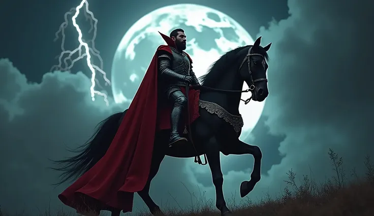 low angle, Bearded Dracula in his shiny black iron armor,  with red details and his long red robe is mounted on a black horse,  in the background the immense bright moon , lightning, Glare in the Black Clouds ,  the horse is on higher ground , with vegetat...