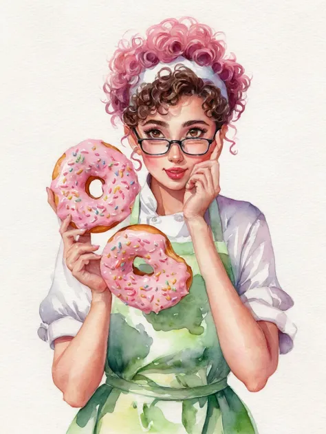  Beautiful pastry chef , in glasses,  short curly hair ,  brown eye ,  pink and light green pastry costume,  holds a donut in front of her eyes ,  she makes wonderful beautiful donuts , Watercolor colors ,  Disney-style images ,  white background