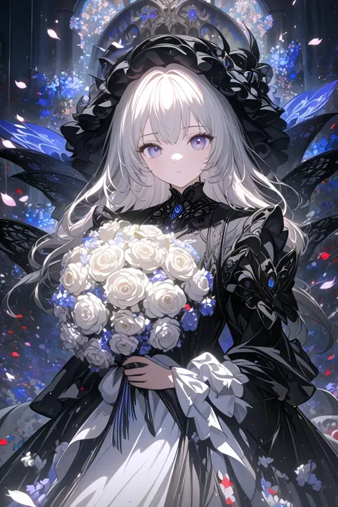 1girl,,face not visible,black Gothic dress,black hat,white bouquet,(holding white bouquet),standing,front,(black petals flying in profusion),Rain of petals,many petals,innumerable petals,petals floating in the air,Art Deco,Color Field painting,rococo style...