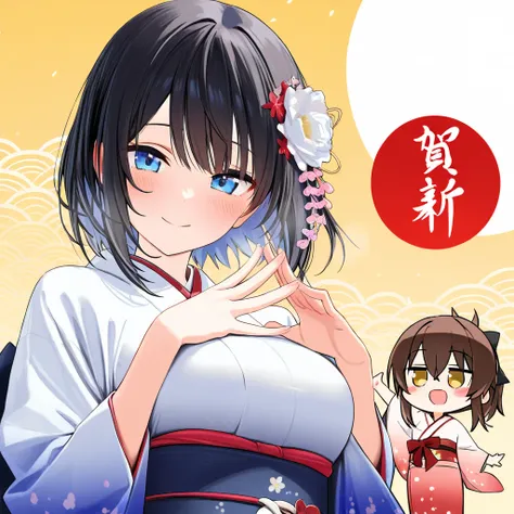 score_9,score_8_up,score_7_up,rating_safety,source_manga,masterpiece,best quality,hyper detailed,super fine illustration,8k,front angle,BREAK chibi character,smile,kimono,New Year,happy atmosphere,