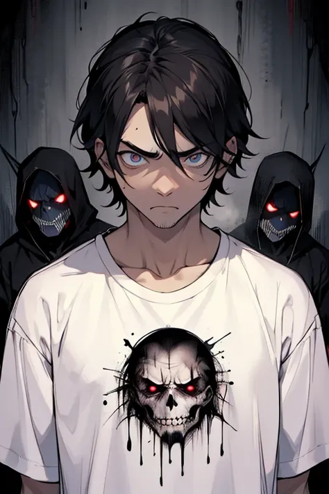 male、Villain、Dark circles under the eyes、Scary face、T-Shirts、 sad face