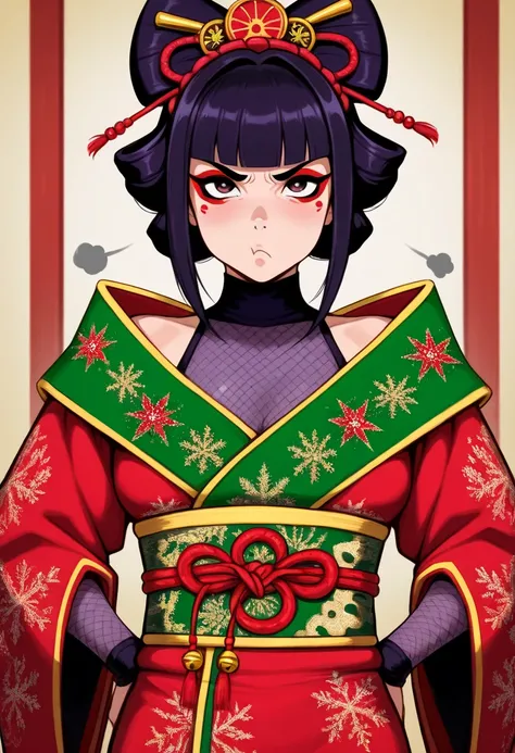 A lady ninja warrior (cute, geisha make up, elaborate geisha dress intricate Christmas embroidery, amazing eyes, sultry pose, pouting lips, carrying 2 poisoned daggers), in a Asian holiday temple
