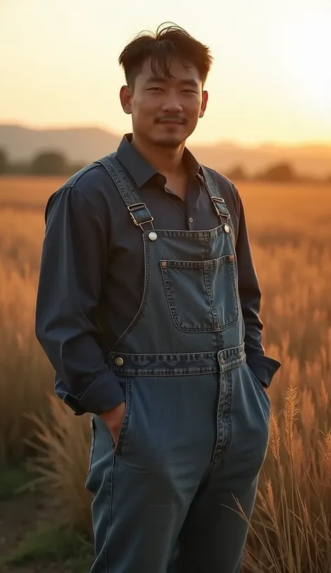  Japanese man in a rack dress posing for photography ,  strong and plump body, Overalls ,  Wearing dirty bib , Wearing bib dress ,  Half black bear half Asian ,  Wearing long leg jeans , attractive  man,  Asian man ,  blue jeans ,  The front frame looks st...