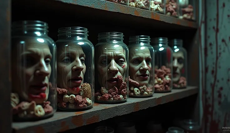 Visual: A close-up of a shelf filled with labeled jars containing preserved human remains, with Jason Thornburgs eerie face reflecting in the glass. The background features a dark, blood-smeared wall.
Text: "EL RITUAL DEL HORROR" in sharp, blood-dripping l...