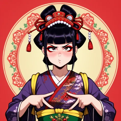 A lady ninja warrior (cute, geisha make up, elaborate geisha dress intricate Christmas embroidery, amazing eyes, sultry pose, pouting lips, carrying 2 poisoned daggers), in a Asian holiday temple
