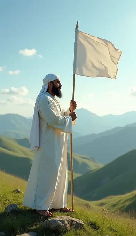 A bearded Muslim is standing on a beautiful hill and looking ahead holding a white flag