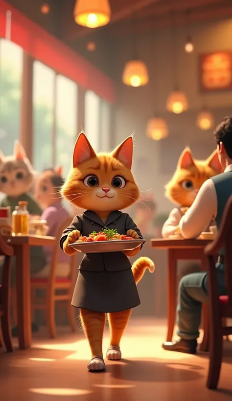 A detailed video prompt for an AI video generator could be:

"Create a lively restaurant scene with a bustling atmosphere, showing a cat dressed in a restaurant uniform. The cat is walking gracefully, carrying a tray of food towards a table of customers. T...