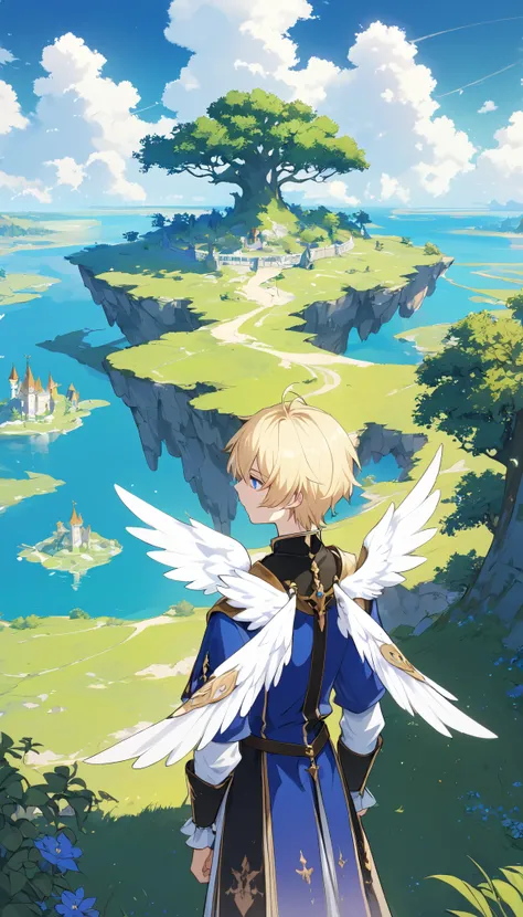 a male boy , blond hair , with blue eyes , with white wings on its back, Prince clothes , medieval clothes , medieval fantasy , in a garden on a floating island watching the landscape, Melancholic blond angel, Thoughtful, Serious