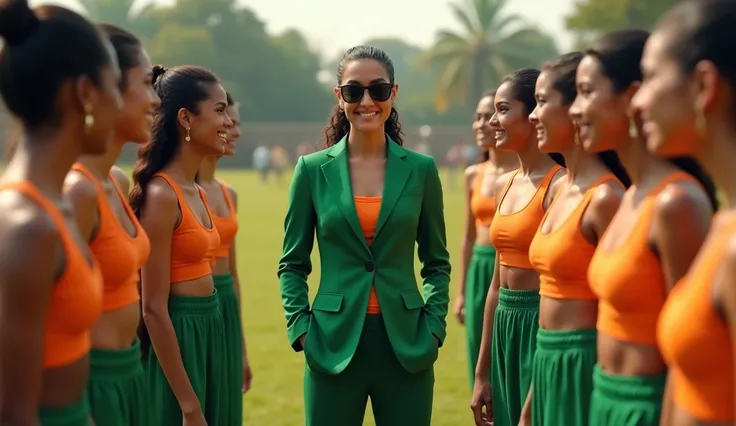 orange sport bra & green trousers Indian women clones love and greeting one & only green suit green trouser orange tie black sunglass Indian girl in the outdoor ground