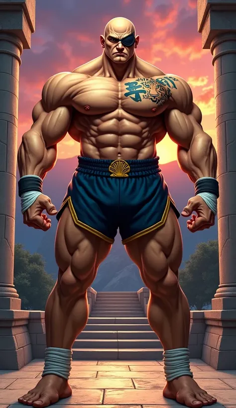 A hyper-realistic portrayal of Sagat from Super Street Fighter II (SSF2), standing tall in a battle-ready stance in front of the temple-like stage from his SSF2 background. His muscular frame is imposing, with long, powerful legs that enhance his towering ...