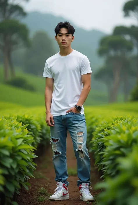 A 19-year-old Korean handsome man was standing facing the fore, the man wears a distro t-shirt short sleeve shirt box jeans tears Jordans shoes. background of tea plantations and trees .poto is very sharp and clear and blur .