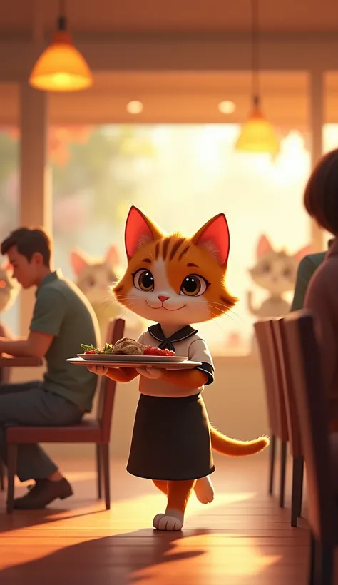 A detailed video prompt for an AI video generator could be:

"Create a lively restaurant scene with a bustling atmosphere, showing a cat dressed in a restaurant uniform. The cat is walking gracefully, carrying a tray of food towards a table of customers. T...