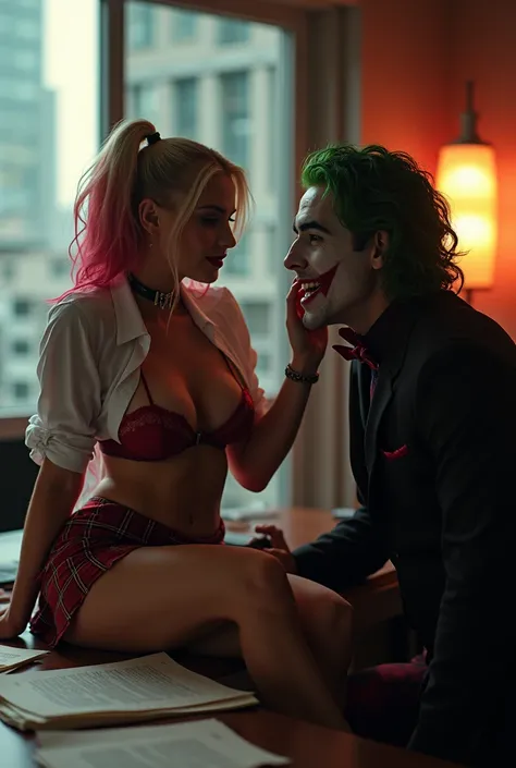  Cinematic image of Harley Quinn with colored hair, the body of a porn actress, huge breasts and thick thighs and an open white dress shirt showing her transparent red lace lingerie and plaid skirt and shes wearing sexy high heels. And shes in an office in...