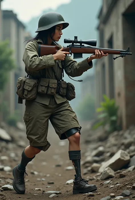 8k,Realistic Photo, Realistic Skin Texture, Superrealism, Second World War、sniper rifle、A female soldier of the former Japanese army wearing a simple skimpy prosthetic limb、Dirty Gaiters、dirty clothes、Very intricate details、Extremely realistic texture、Sens...