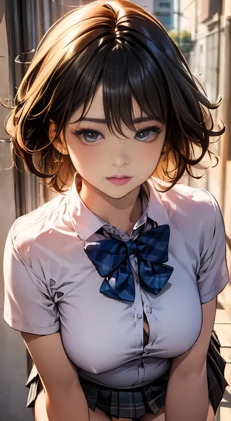 (masterpiece:1.2, highest quality), (realistic, photorealistic:1.4), beautiful illustrations, 
looking at the viewer, whole body, Front view:0.6, 
1 girl, Japanese, high School girl, ((medium hair:1.5)), blown hair, bangs, hair between eyes, big breasts:0....