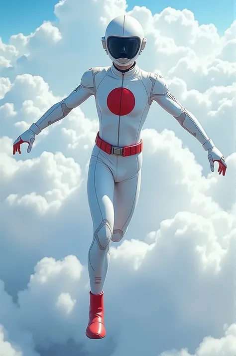  A 17-year-old full-bodied young boy , Japanese,  with white diving uniform , and white leather pants ,  with gloves and red boots , and red belt ,  with mask around his eyes ,  and a symbol of the Japanese flag on his chest,  with him flying above the clo...