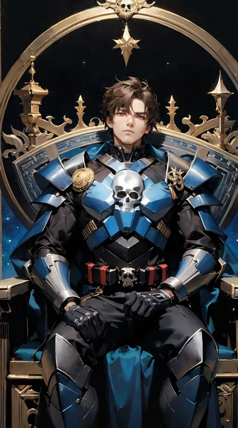 ??????")), 1 man, Muscular, attractive, sitting on galactic imperial throne, Black and gold Mecha exoskeleton armor, Elegant shoulders, Resting his head on his fist, Brown eyes, short brown hair elegant, majestic, imposing, Look Cold and indifferent, On hi...