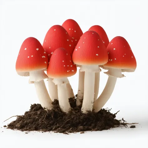 red color white spotted mushroom bunch in soil on a white background 