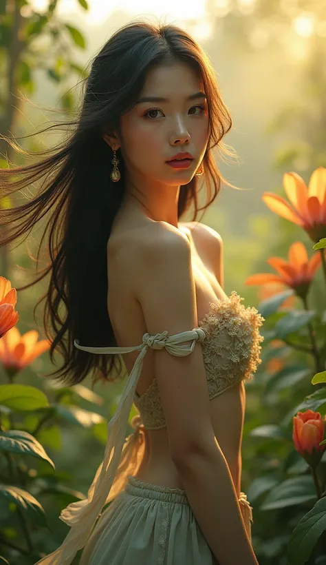 a beautiful sexy buxom Korean woman in a garden, dynamic pose, facing foward, backlit by the sun, detailed facial features, long black hair blowing in wind, nature, green plants, flowers, warm lighting, photorealistic, 8k, highly detailed, intricate, drama...