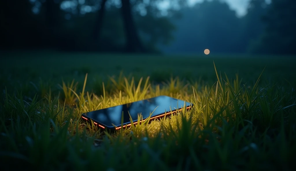 General shot. Night. Cell phone lying on the grass with the incoming call light on. cinematic. dramatic lighting .illustration